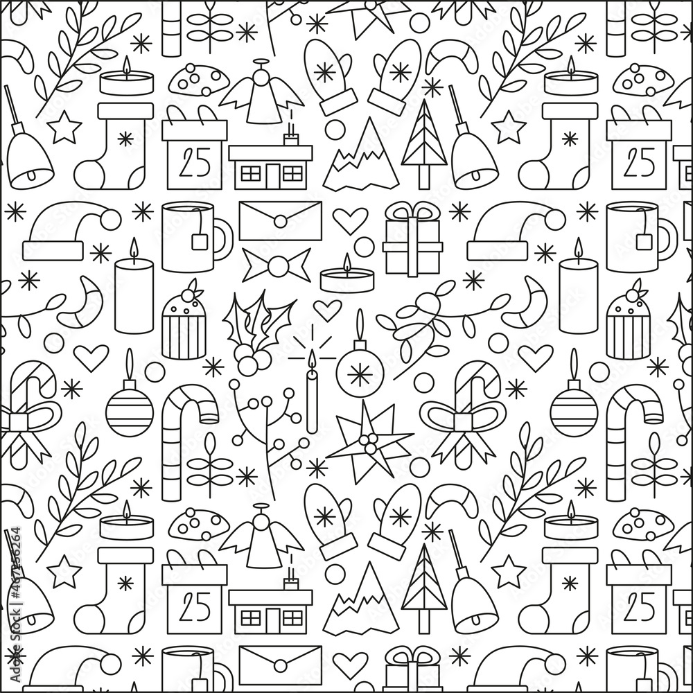 Christmas seamless pattern outline. candy cane, star, pine tree, house, baubles, plant, mistletoe, gloves, bell, sock, santa hat, cookie, angel, candle, cake, muffin, gift, calender, cup of tea 