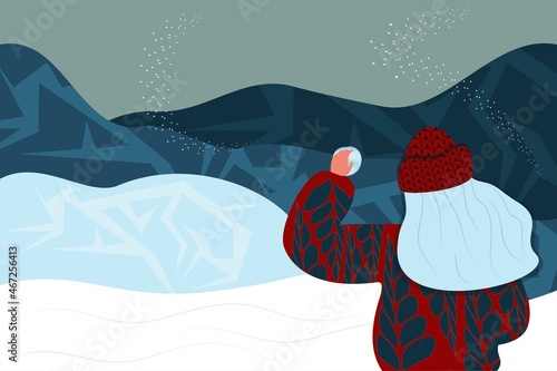 Horizontal vector. Postcard, background Happy New Year and Merry Christmas. Young girl in a knitted hat and sweater plays snowballs, mountain snowy landscape, frozen lake. Landscape in a flat style.