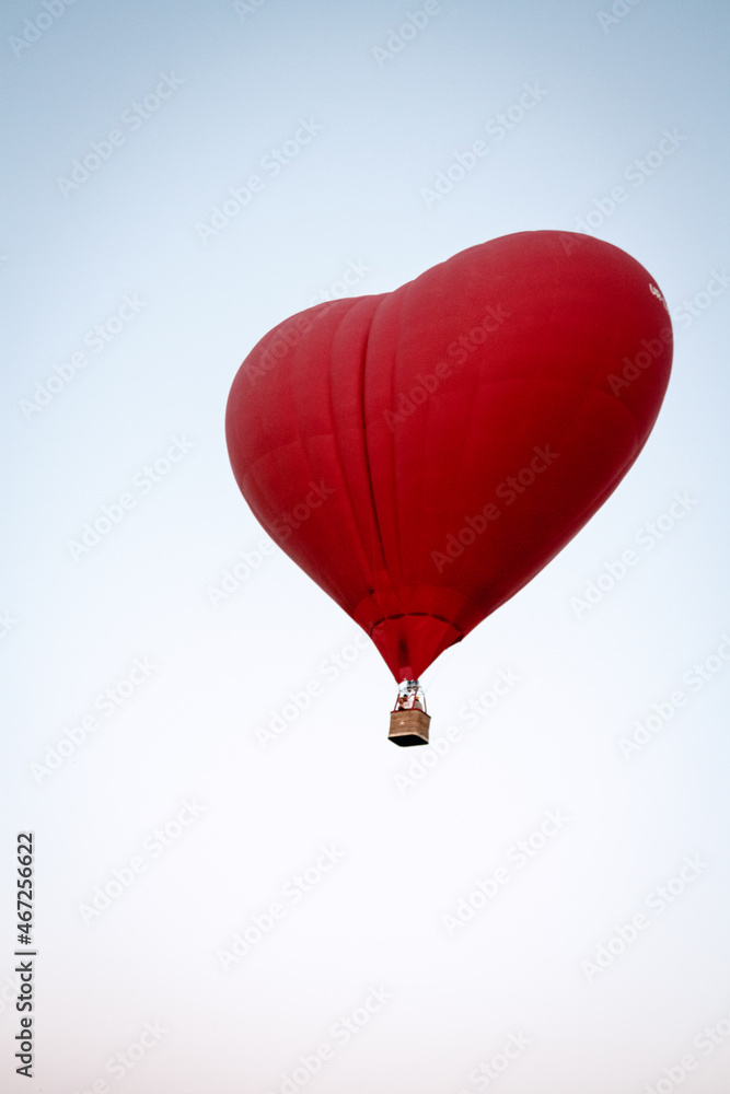 Obraz premium A hot air balloon flies over a green field. Composition of nature on a background of blue sky.