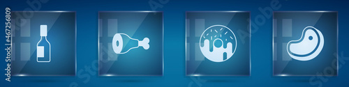 Set Tabasco sauce, Chicken leg, Donut and Steak meat. Square glass panels. Vector