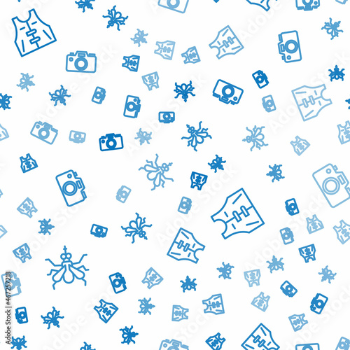 Set line Mosquito, Hunting jacket and Photo camera on seamless pattern. Vector