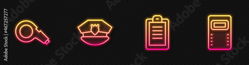 Set line Police report, Whistle, cap with cockade and assault shield. Glowing neon icon. Vector