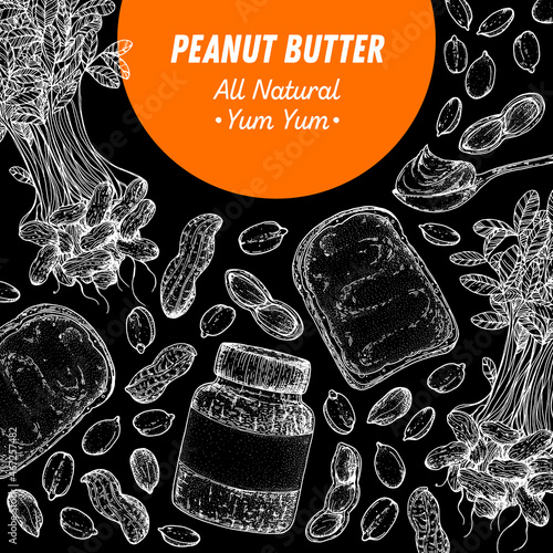 Peanuts and ingredient for peanut butter sketch. Breakfast for energy. Hand drawn vector illustration. Design template. Vegan food. Peanut nut butter set.