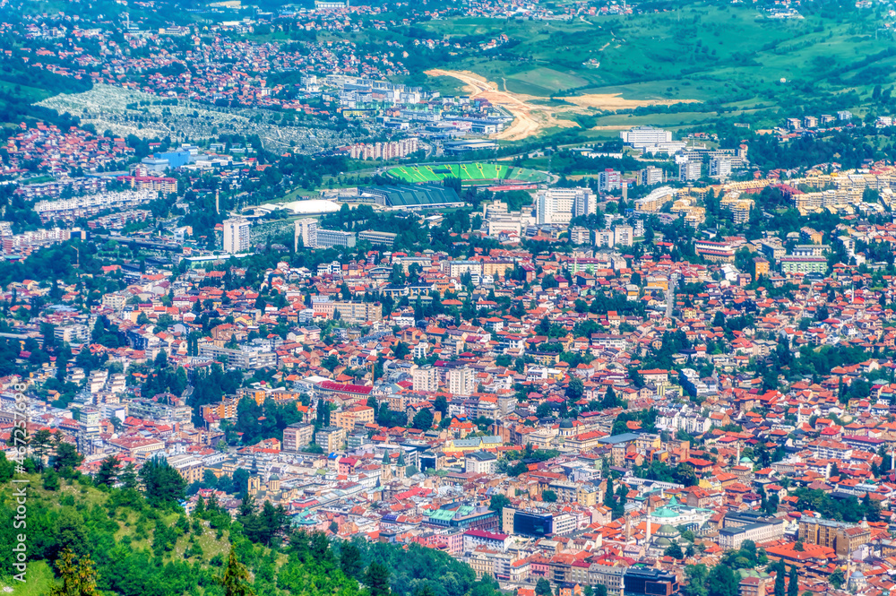 Aerial view over city of Sarajevo during summer day.