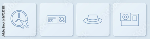 Set line Clock with airplane, Man hat ribbon, Airline ticket and Action camera. White square button. Vector