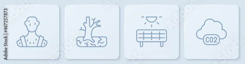 Set line High human body temperature, Solar energy panel, Withered tree and CO2 emissions in cloud. White square button. Vector