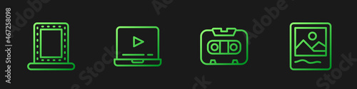 Set line Retro audio cassette tape, Makeup mirror with lights, Online play video and Photo frame. Gradient color icons. Vector