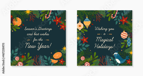 Set of Christmas and Happy New Year greeting banners templates.Festive vector layouts with hand drawn traditional winter holiday symbols.Xmas trendy designs for banners,invitations,prints,social media