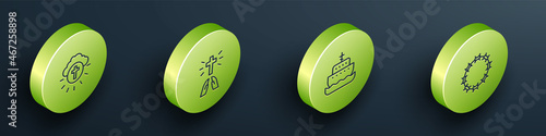 Set Isometric line Religious cross in circle, Hands praying position, Ark of noah and Crown thorns icon. Vector