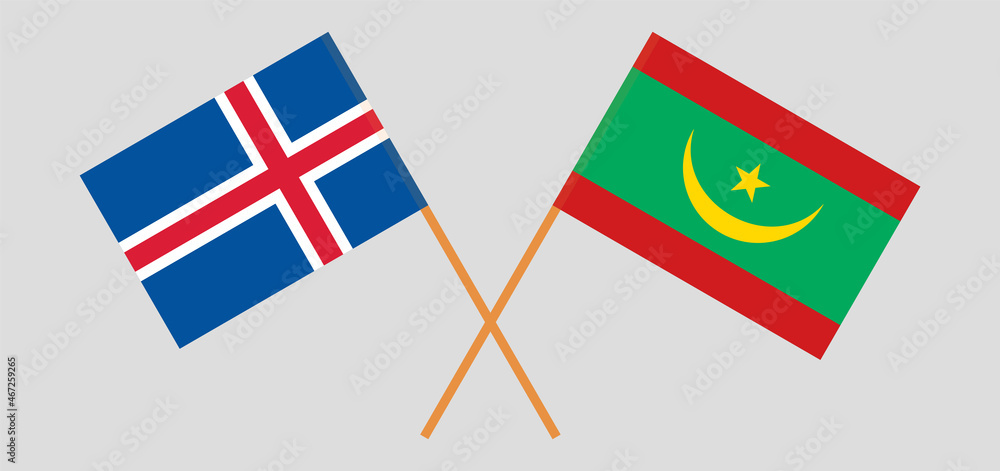 Crossed flags of Iceland and Mauritania. Official colors. Correct proportion