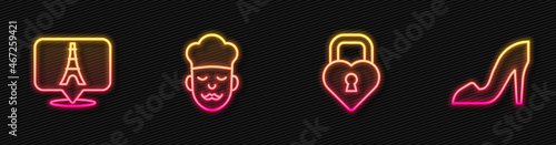 Set line Castle in the shape of heart, Eiffel tower, Cook and Woman shoe. Glowing neon icon. Vector