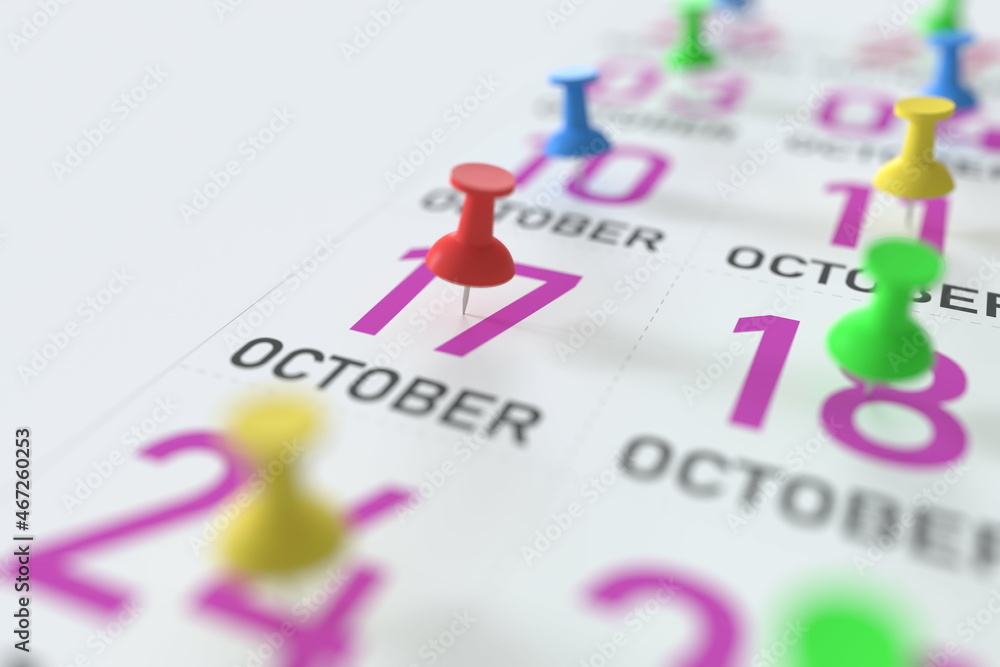 October 17 date marked with a pin calendar, 3D rendering October 17 date marked with a pin calendar, 3D rendering
