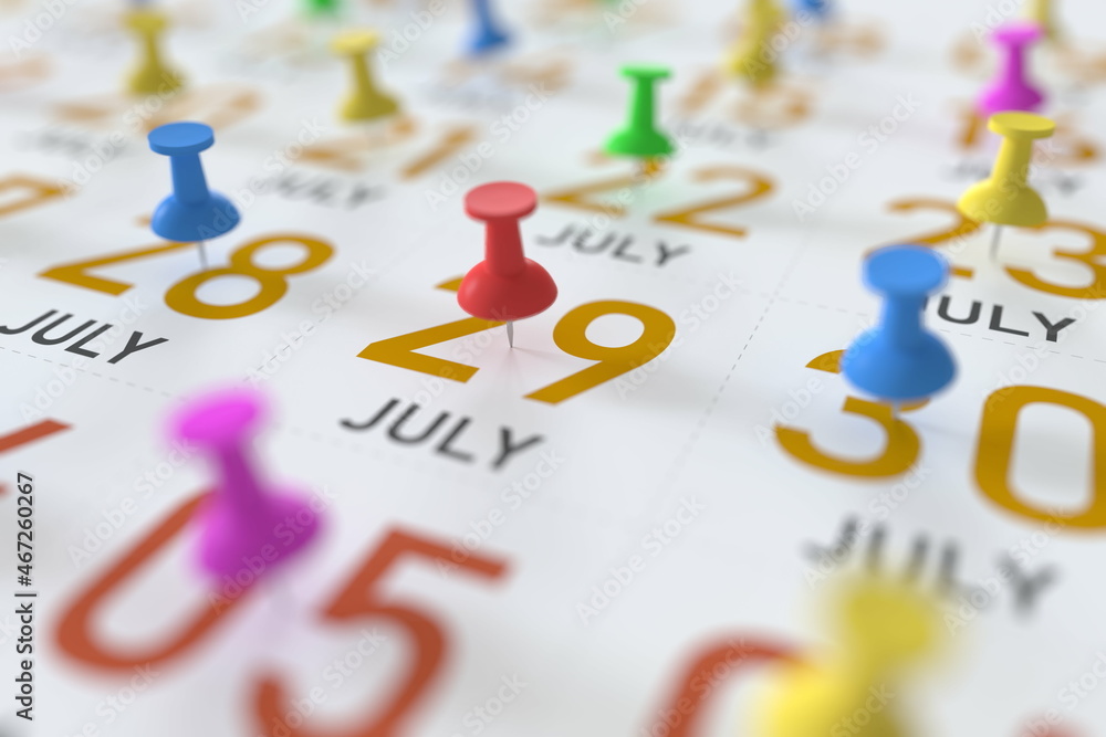July 29 date and push pin on a calendar, 3D rendering July 29 date and push pin on a calendar, 3D rendering