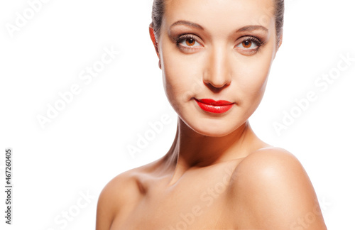 beautiful woman's purity face with bright red lips