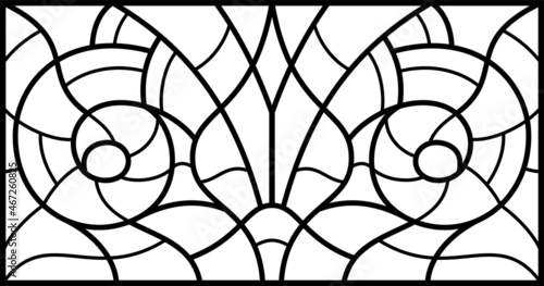 Vector sketch of a stained glass window. Pattern. Abstract stained glass background. Art Nouveau decor for interior. Luxury modern interior. Template for design. Fence. Iron railing.	