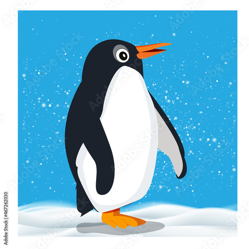 Illustration of a penguin, a cute cartoon character, standing on ice with snow. Suitable for making posters, cards, design work, educational materials, teaching. photo