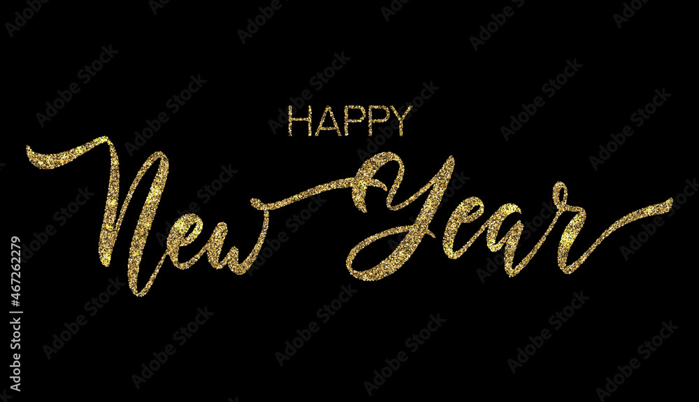 Happy New Year glittering lettering background. Golden sparkles holiday greeting card. New Year calligraphic design. Shiny golden holiday banner. Happy New Year glittering lettering background. Golden sparkles holiday greeting card. New Year calligraphic design. Shiny golden holiday banner.