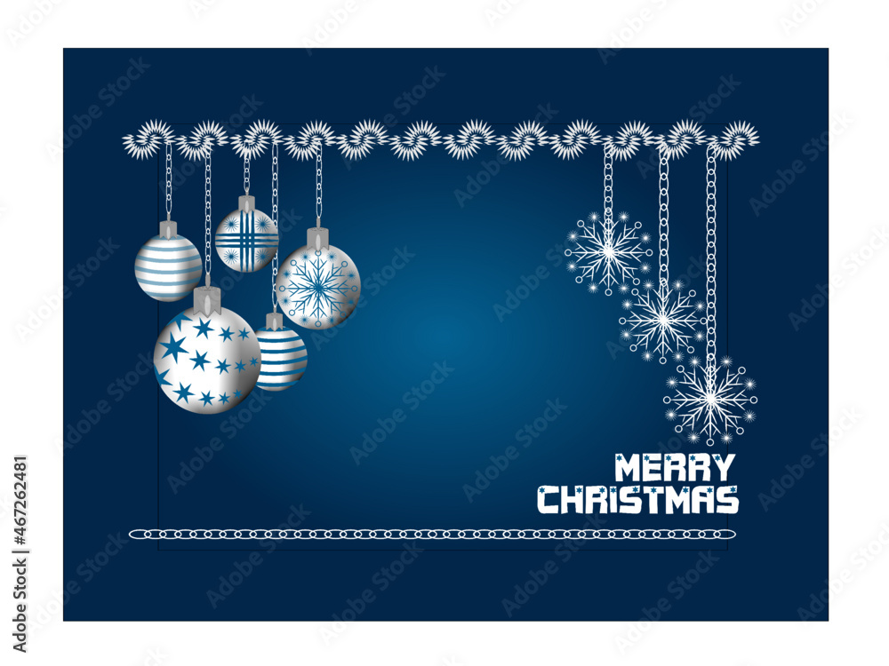 Postcard, invitation, for the holiday Christmas, New Year, illustration of Christmas balls and snowflakes on a blue background, for print and design