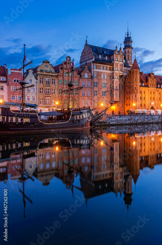 Gdansk  Poland  Motlawa river waterfront in the night  historical port of the city