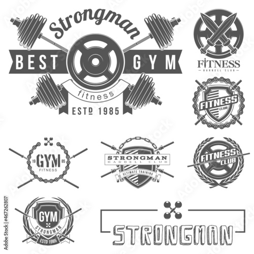 set of logo athletic club for bodybuilding, powerlifting, weightlifting crossfit and fitness training. Barbell club logo vintage design isolated on background. Emblem for gym and training of strongman