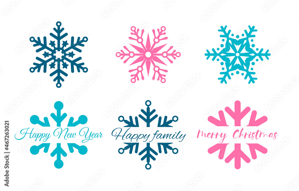 Set of Christmas snowflakes. Snowflakes in the form of a split monogram. Add your text to the frame of the snowflakes. Winter icon, ice. Vector snowflakes in flat style. Suitable for laser cutting