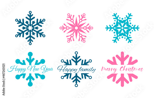 Set of Christmas snowflakes. Snowflakes in the form of a split monogram. Add your text to the frame of the snowflakes. Winter icon, ice. Vector snowflakes in flat style. Suitable for laser cutting
