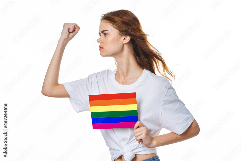 woman wearing white t-shirt lgbt flag inventor community woman wearing white t-shirt lgbt flag inventor community