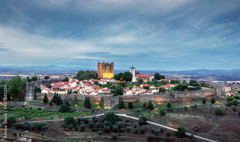 View at dusk of the medieval citadel and the castle of Bragança in Portugal