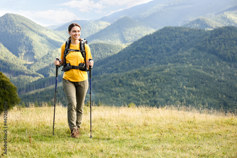 Woman with backpack and trekking poles hiking in mountains. Space for text