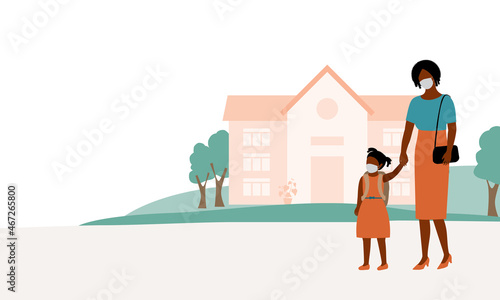 Black Mother And Daughter With Protective Face Mask Walking To School Together.