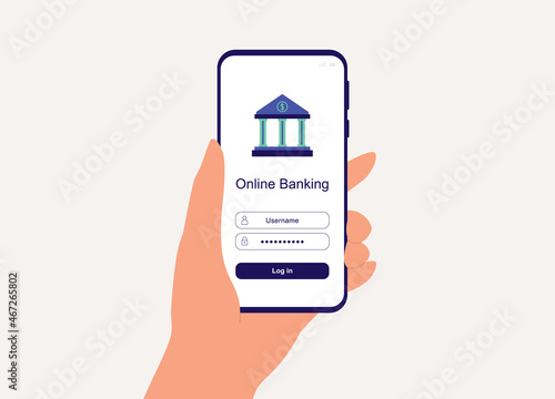 Close-Up View Of Customer's Hand With Mobile Phone Logging Into Online Banking.