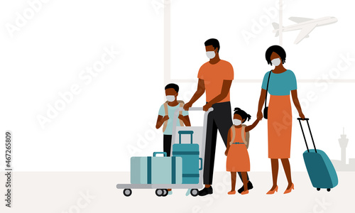 Black Family With Two Children Wearing Protective Face Mask Walking At The Airport.