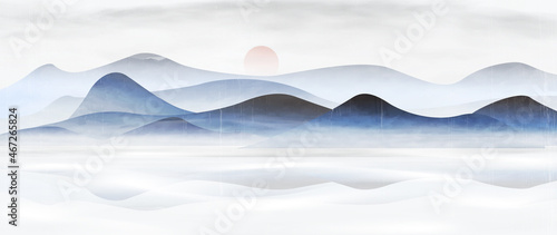 Banner with hills and mountains in the fog in pastel blue colors. Art landscape in oriental style for decor, print, design in the house