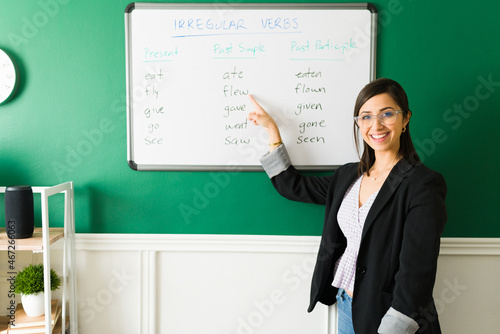 Cheerful woman teaching english words