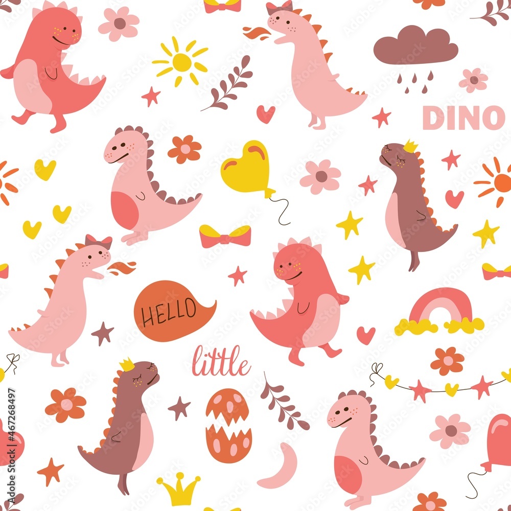 Obraz premium Seamless pattern of funny dinosaurs. Pink dinosaur. Background for textile and fabric. Vector illustration
