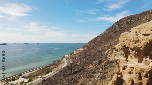 Sea of Cortez rocky coastline, La Paz Mexico, aerial arc shot photo