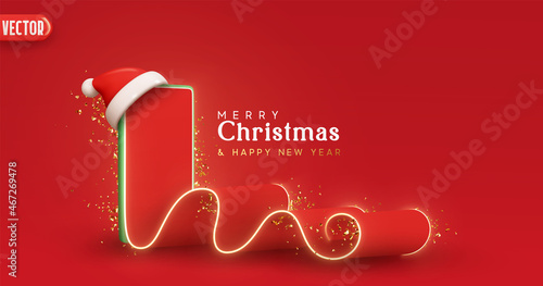 Christmas Creative concept. Realistic 3d design template mobile phone, red sheet with phone screen, letter to Santa Claus. Wishlist and purchases for new year. Xmas banner, advertising web poster.