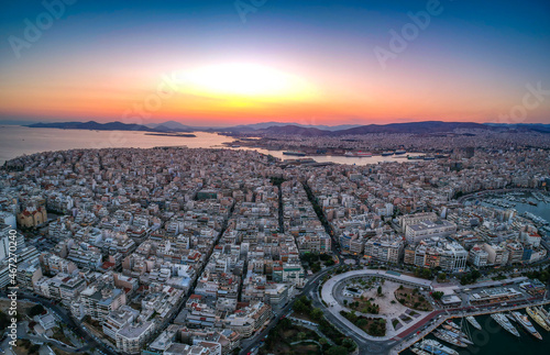 Aerial panorama view over Marina Zeas, Peiraeus, Greece at sunset photo