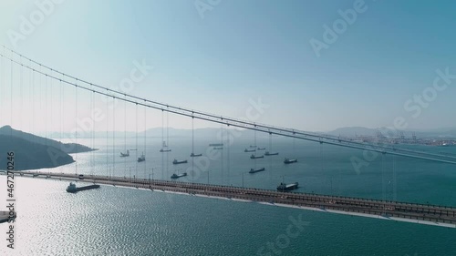 Aerial view of the Yi Sunsin bridge in Gwangyang. Drone. Korea. 광양 이순신 대교. photo