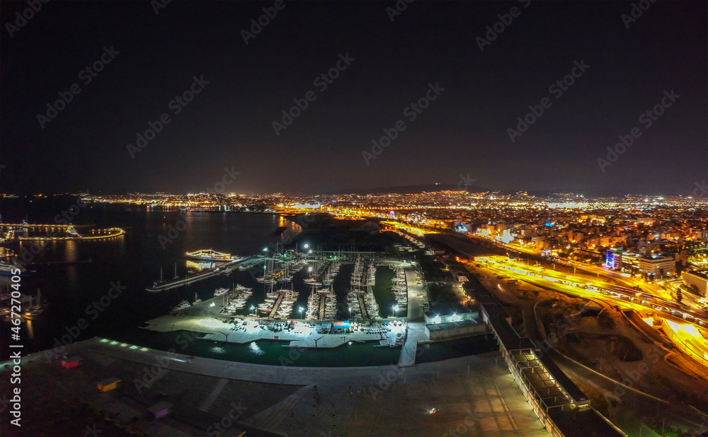 Aerial view over Marina at Flisvos in Athens city, Greece at night
