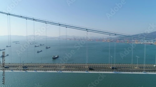 Aerial view of the Yi Sunsin bridge in Gwangyang. Drone. Korea. 광양 이순신 대교.	
 photo