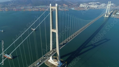 Aerial view of the Yi Sunsin bridge in Gwangyang. Drone. Korea. 광양 이순신 대교. 현수교. photo