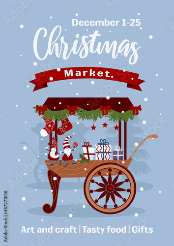 Christmas market banner. Decorated carts, fair stall counters. Bright little Christmas gnomes in caps, stars, lollipop, gift. Vector illustration for advertising banner, poster, flyer