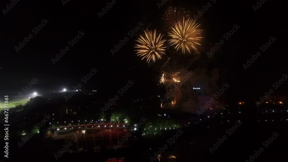 Aerial View Bright Fireworks on Evening Lake. Aerial View Bright Fireworks on Evening Lake.