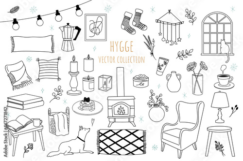 set of hand drawn interior icons for winter. hygge vector illustration set.