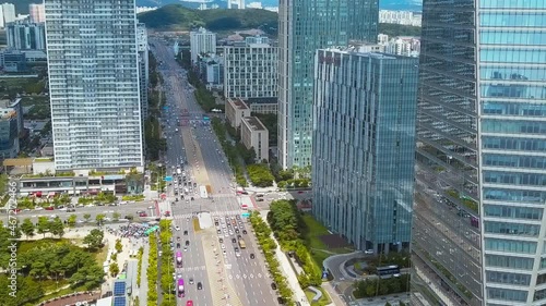 Aerial view of skyscraper buildings and street in the city. Songdo, South Korea. 인천, 송도 신도시, 빌딩, 주거, 아파트. photo