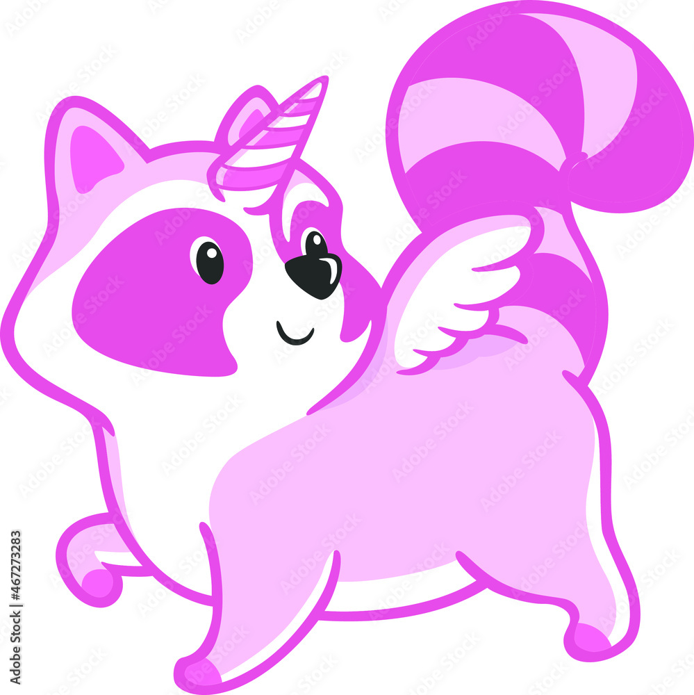 Lovely Cute Pink Raccoon with Horn and Wings as a Unicorn
