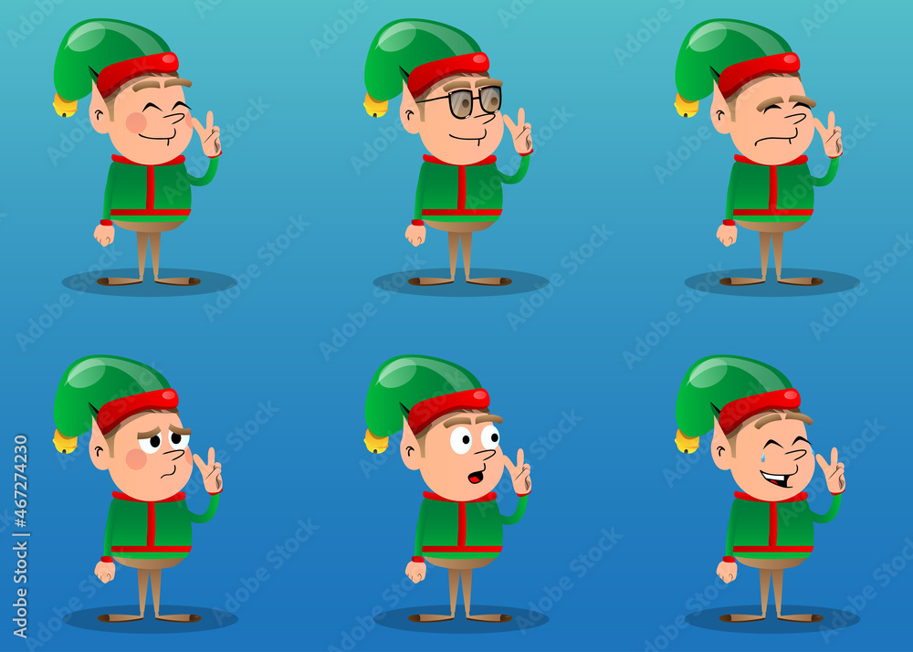 Christmas Elf showing the V sign, peace hand gesture. Vector cartoon character illustration of Santa Claus's little worker, helper. Christmas Elf showing the V sign, peace hand gesture. Vector cartoon character illustration of Santa Claus's little worker, helper.
