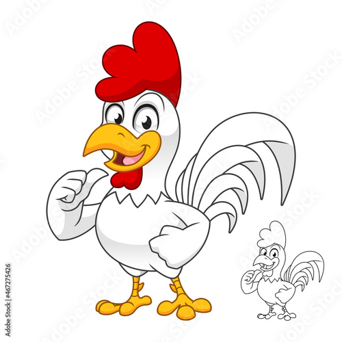 Rooster with Thumb Up with Line Art Drawing, Birds Roosters and Chickens, Vector Character Illustration, Cartoon Mascot Logo in Isolated White Background.