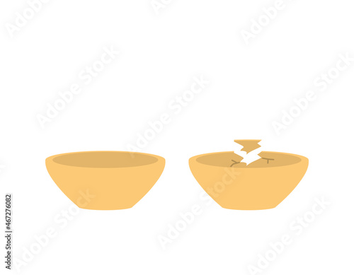 illustration of a good bowl and a bowl that is in a damaged or cracked condition. flat cartoon style. vector design
